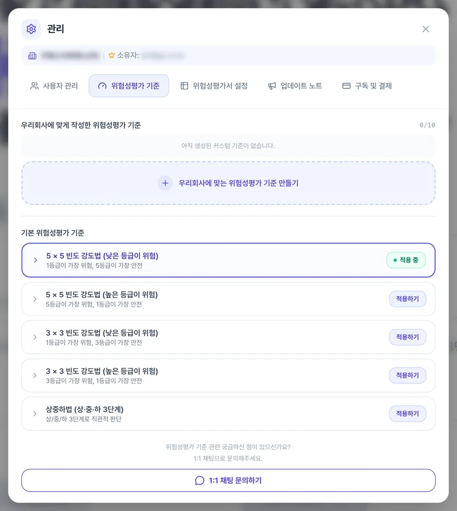 관리 창의 위험성평가 기준 탭. 기본 기준 5가지가 카드로 나열되고 현재 쓰는 기준에 '적용 중'이 표시됩니다.